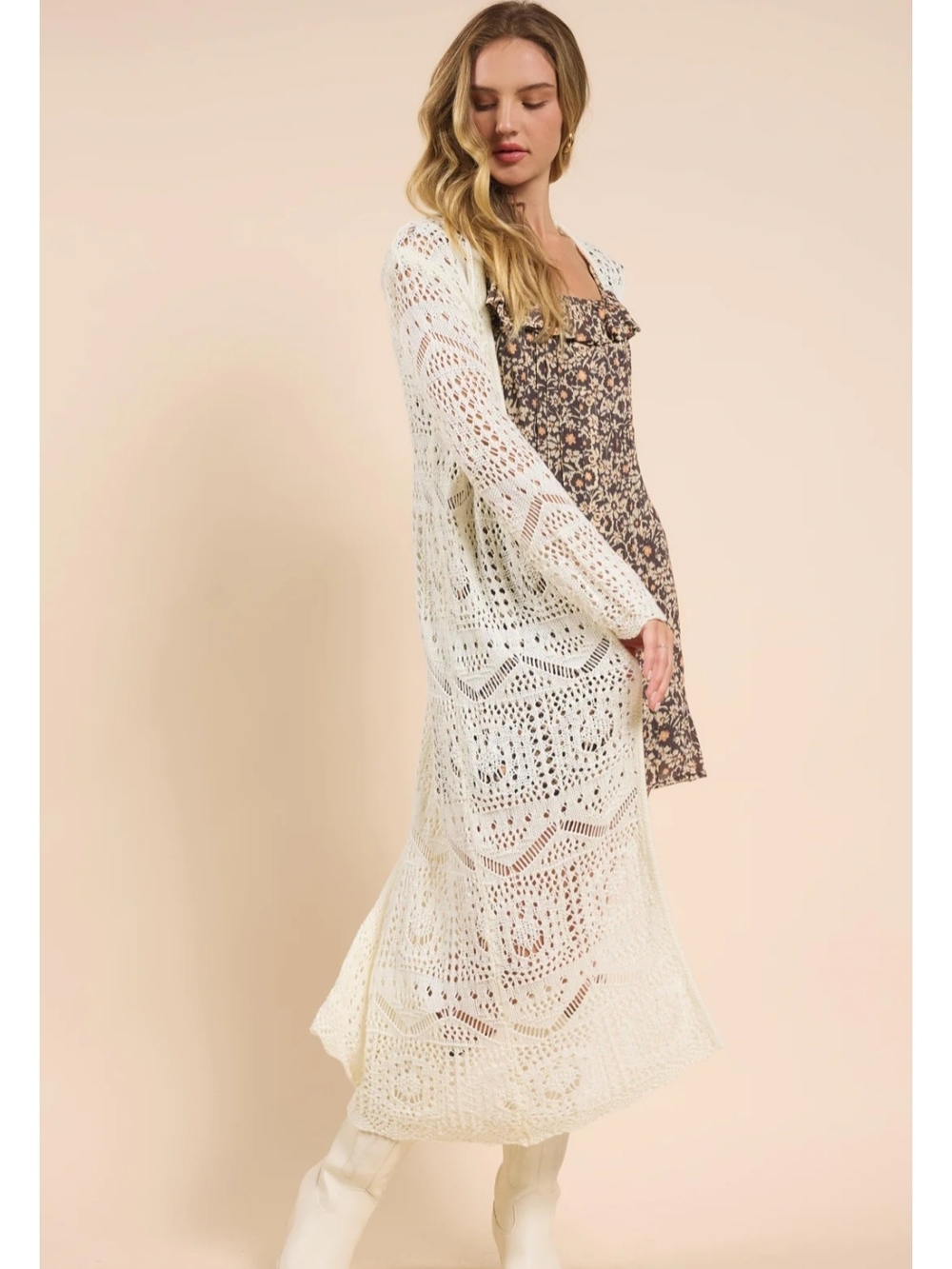 Long Open-Knit Duster Cardigan in Caramel Cream